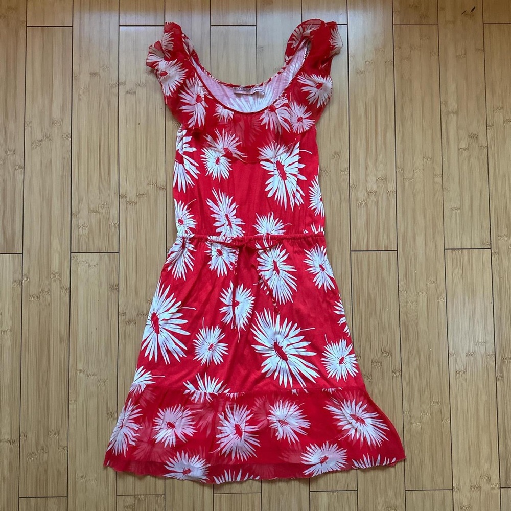 Juicy Couture Red/White Floral Scoop-Neck Ruffle Y2K Midi Dress Size S